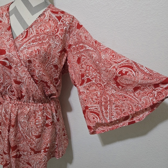 Elan Red Paisley Boho Romper Surplice V-Neck Long Sleeve Elastic Waist Medium - Picture 6 of 16